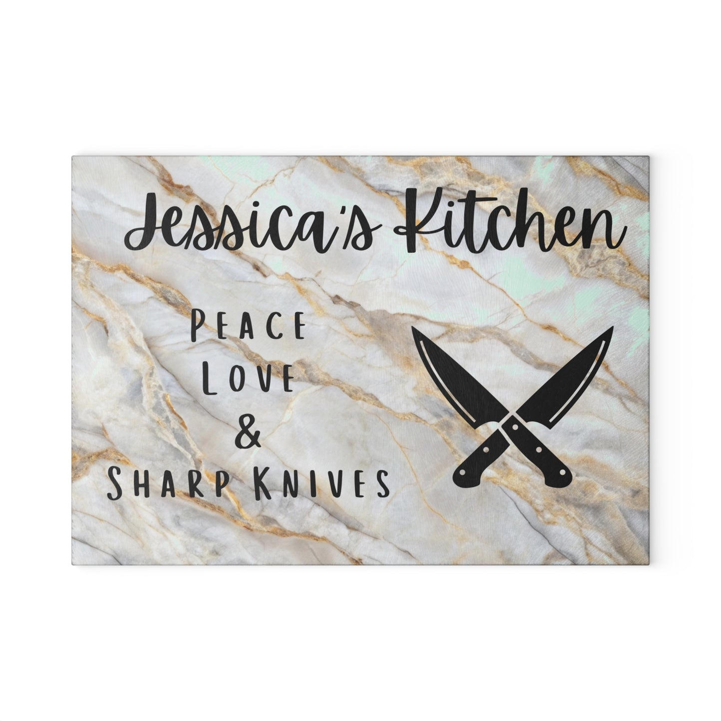 Personalized Glass Cutting Board - "Peace, Love & Sharp Knives" - Perfect Gift for Home Chefs