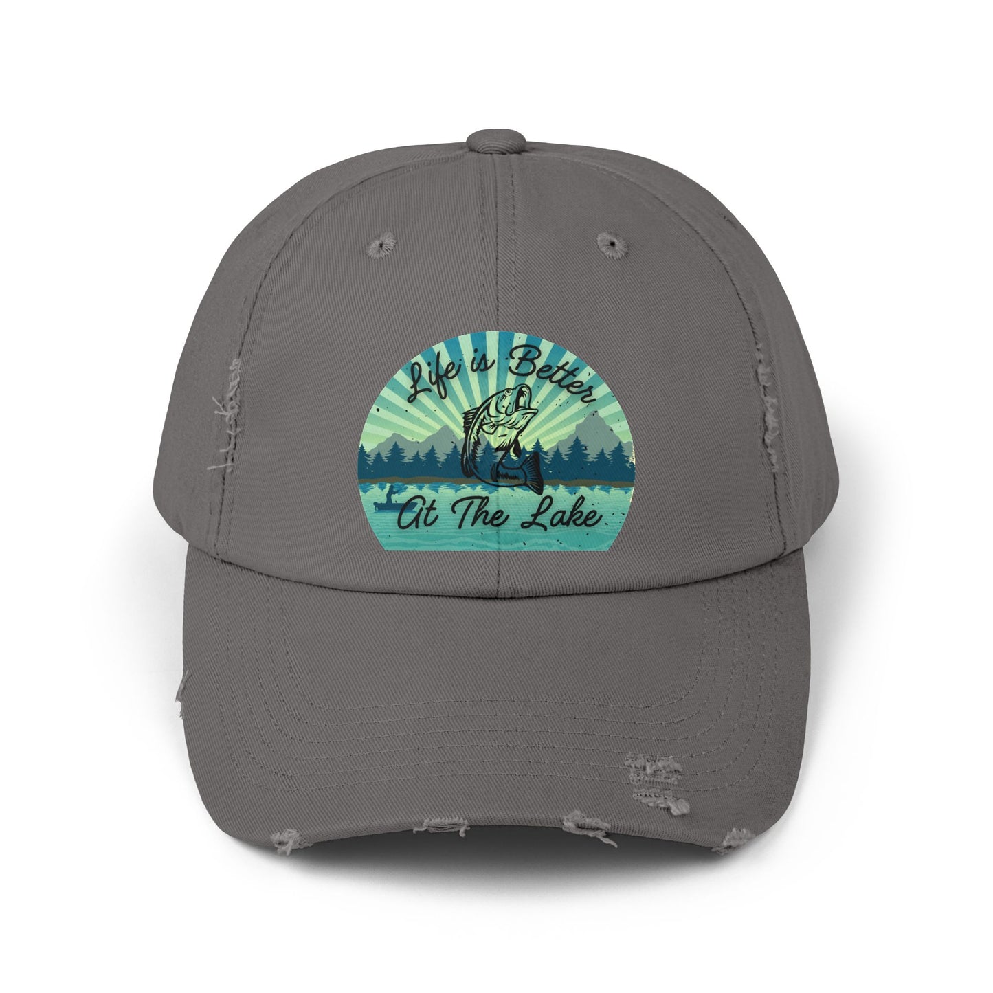 "Life is Better at the Lake" Bass Fish Design Unisex Distressed Cap
