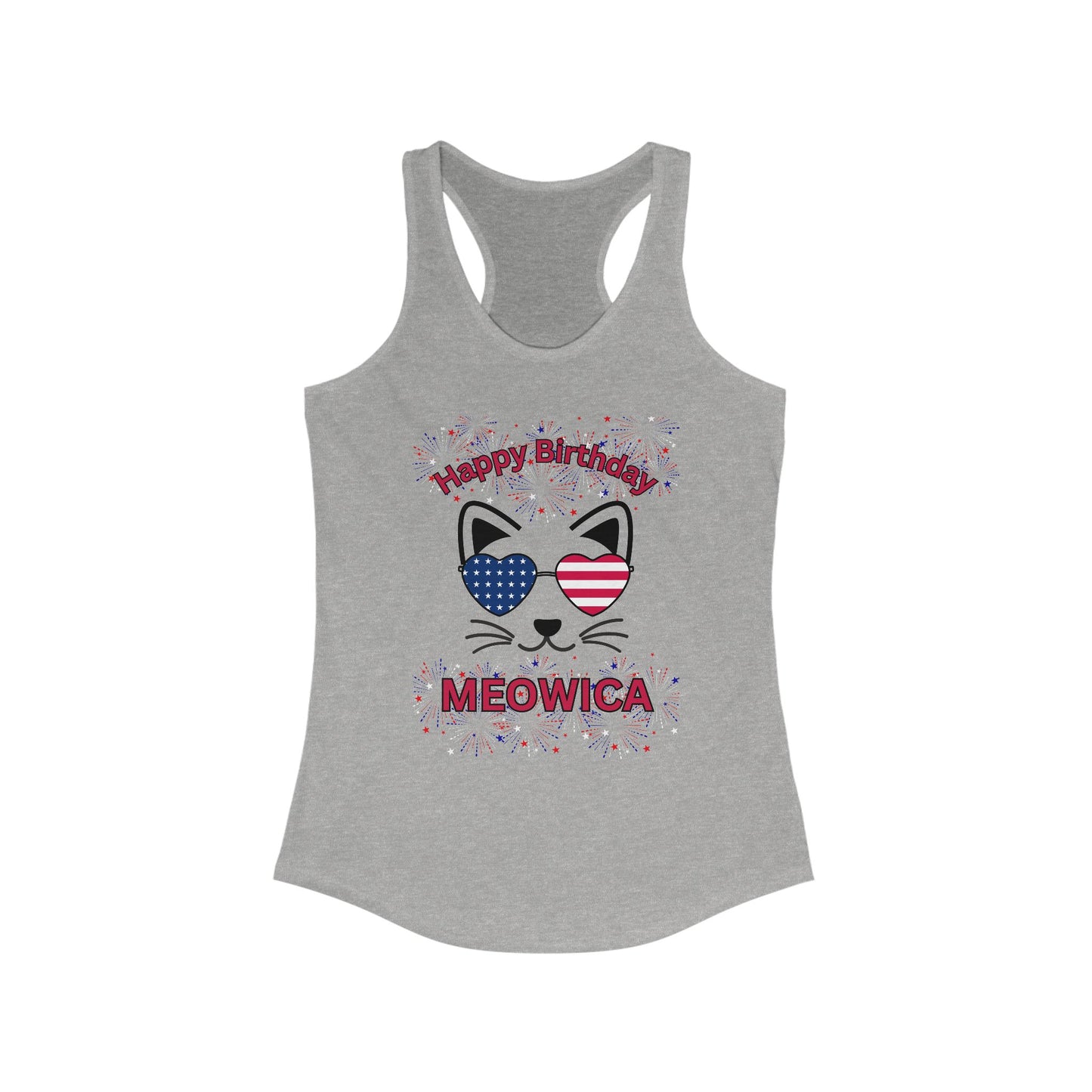 Happy Birthday Meowica Racerback Tank, Cat Lover Gift, Birthday Celebration Apparel, Cute Summer Top, Comfy Cat Shirt