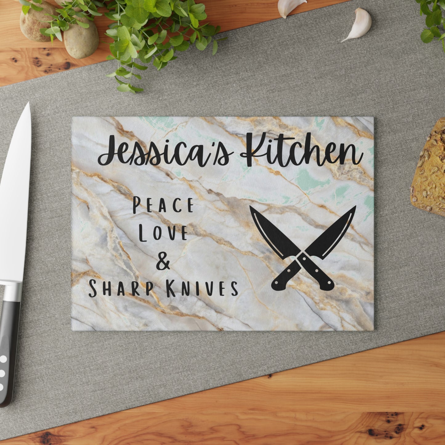 Personalized Glass Cutting Board - "Peace, Love & Sharp Knives" - Perfect Gift for Home Chefs