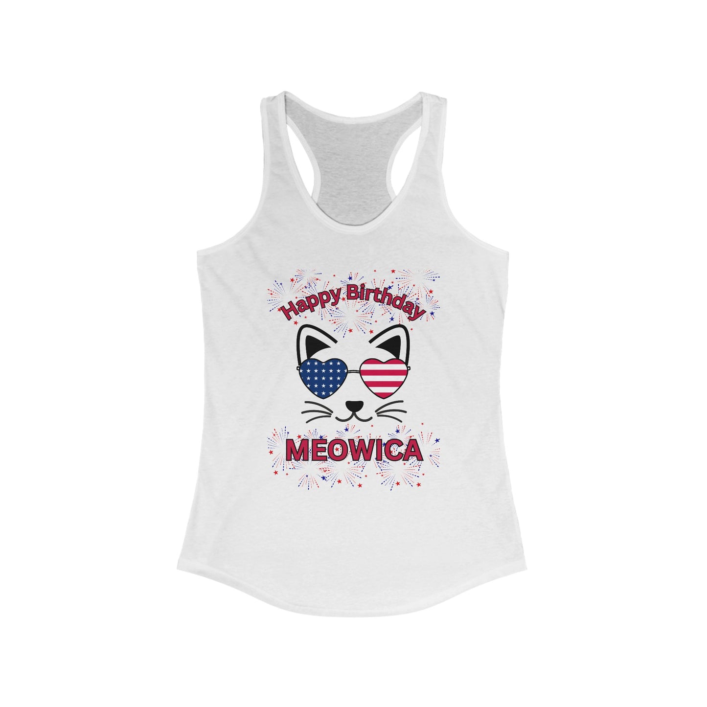 Happy Birthday Meowica Racerback Tank, Cat Lover Gift, Birthday Celebration Apparel, Cute Summer Top, Comfy Cat Shirt
