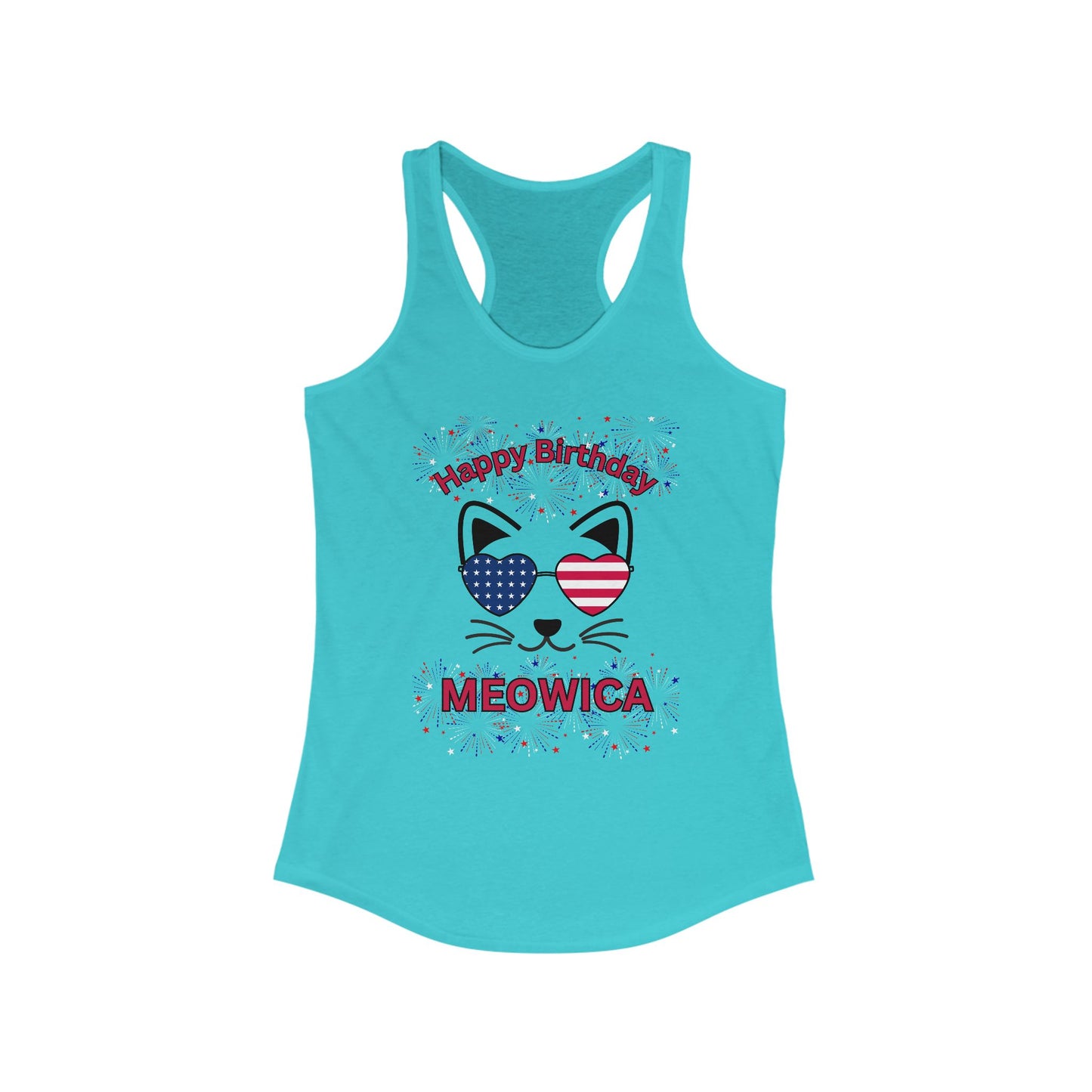 Happy Birthday Meowica Racerback Tank, Cat Lover Gift, Birthday Celebration Apparel, Cute Summer Top, Comfy Cat Shirt