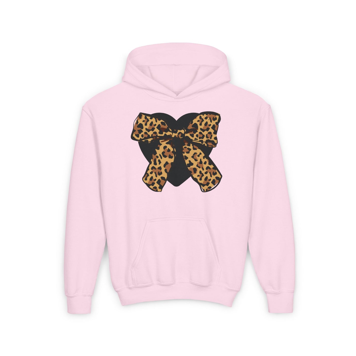 Heart & Leopard Print Bow Youth Heavy Blend Hooded Sweatshirt