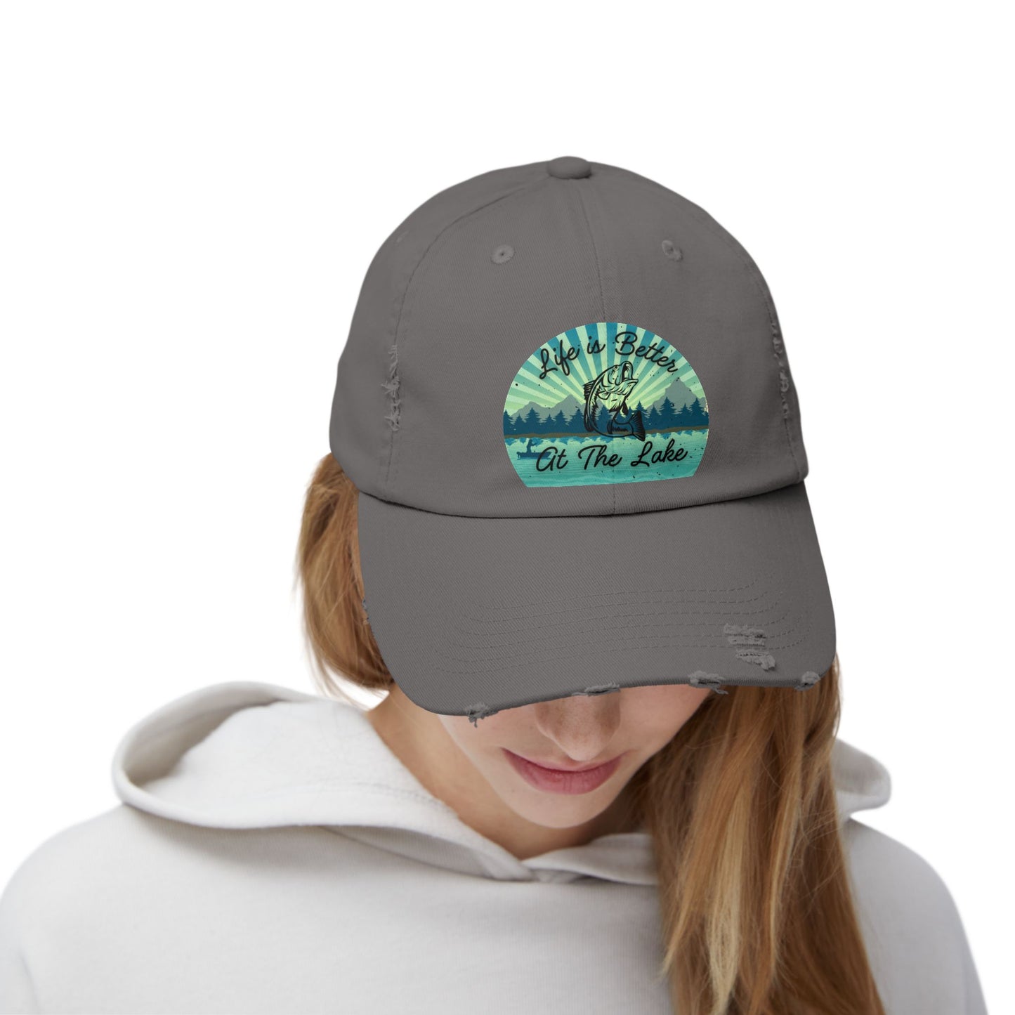 "Life is Better at  the Lake" Bass Fish Design Unisex Distressed Cap