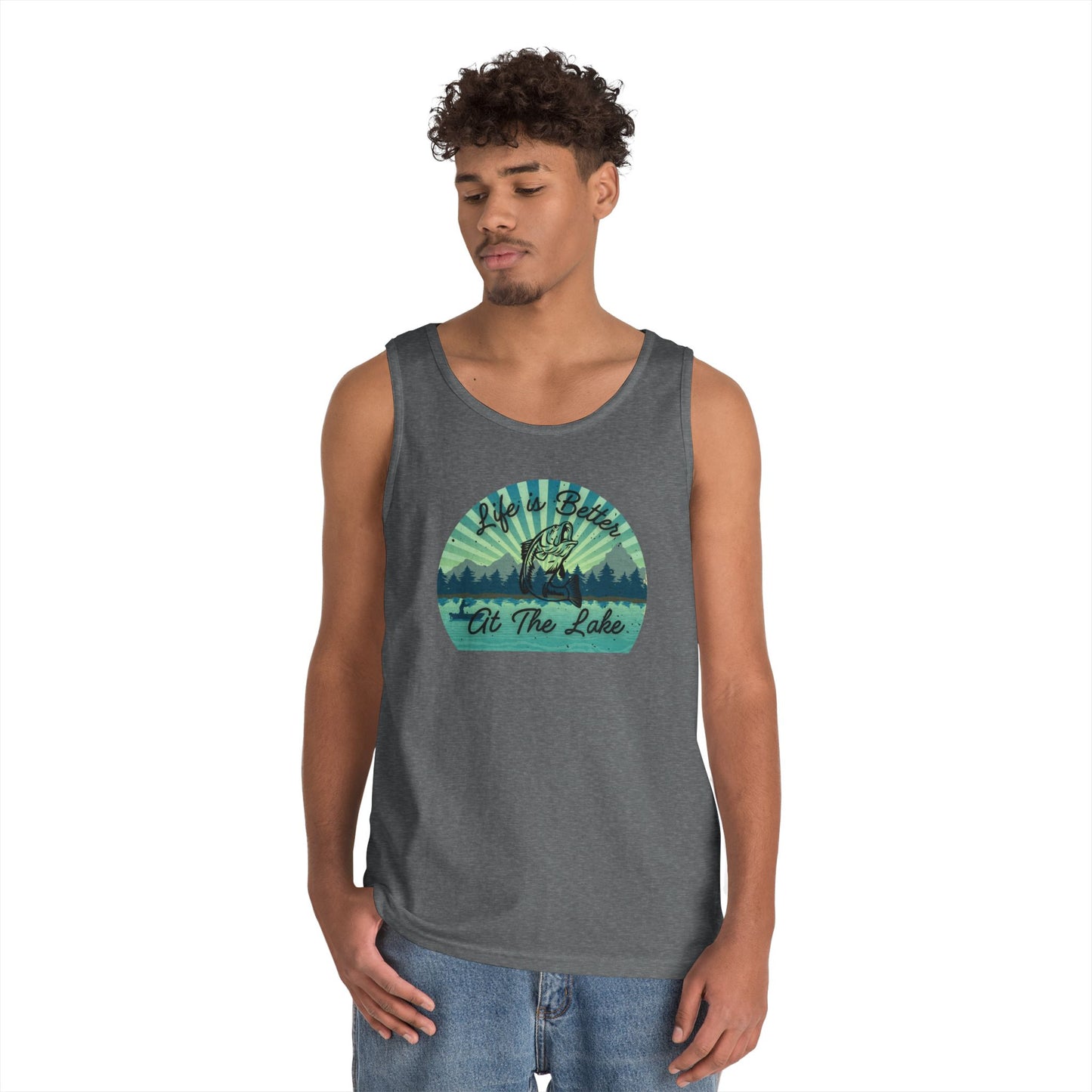 Life is Better at the Lake Bass Fish Design Mens Heavy Cotton Tank Top