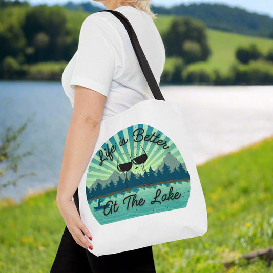 Life is Better at the Lake Wine Glass Design Tote Bag (AOP)