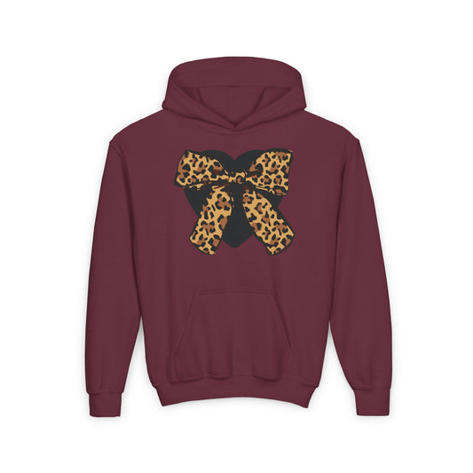 Heart & Leopard Print Bow Youth Heavy Blend Hooded Sweatshirt