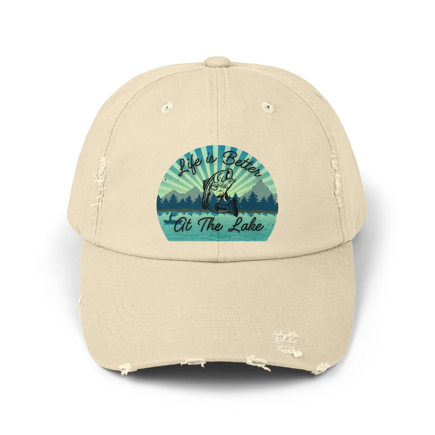 "Life is Better at  the Lake" Bass Fish Design Unisex Distressed Cap