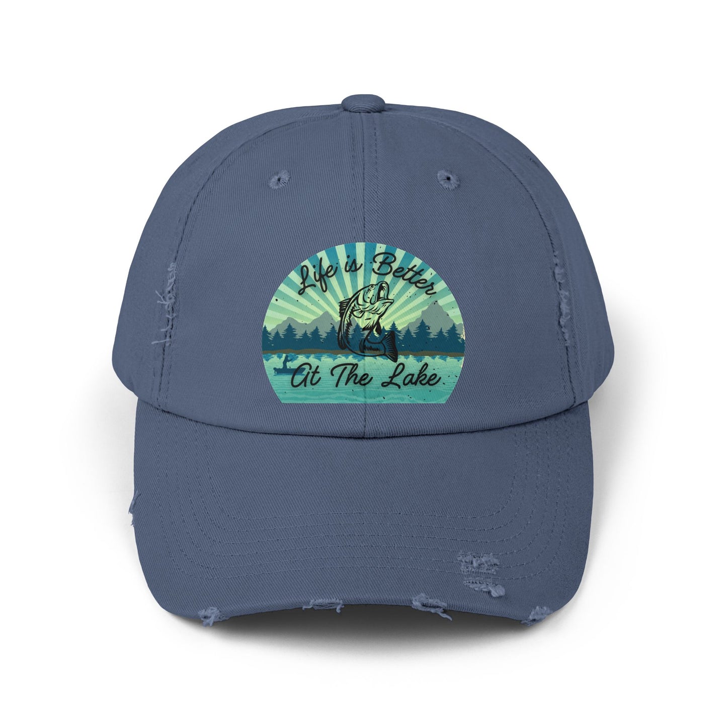 "Life is Better at  the Lake" Bass Fish Design Unisex Distressed Cap