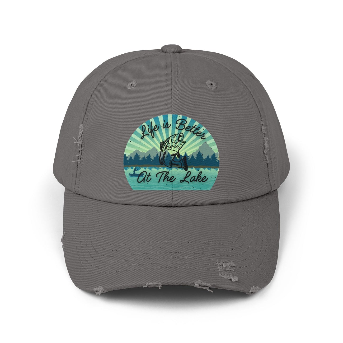 "Life is Better at  the Lake" Bass Fish Design Unisex Distressed Cap