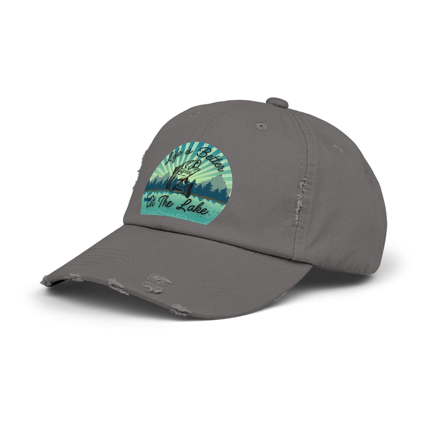 "Life is Better at  the Lake" Bass Fish Design Unisex Distressed Cap