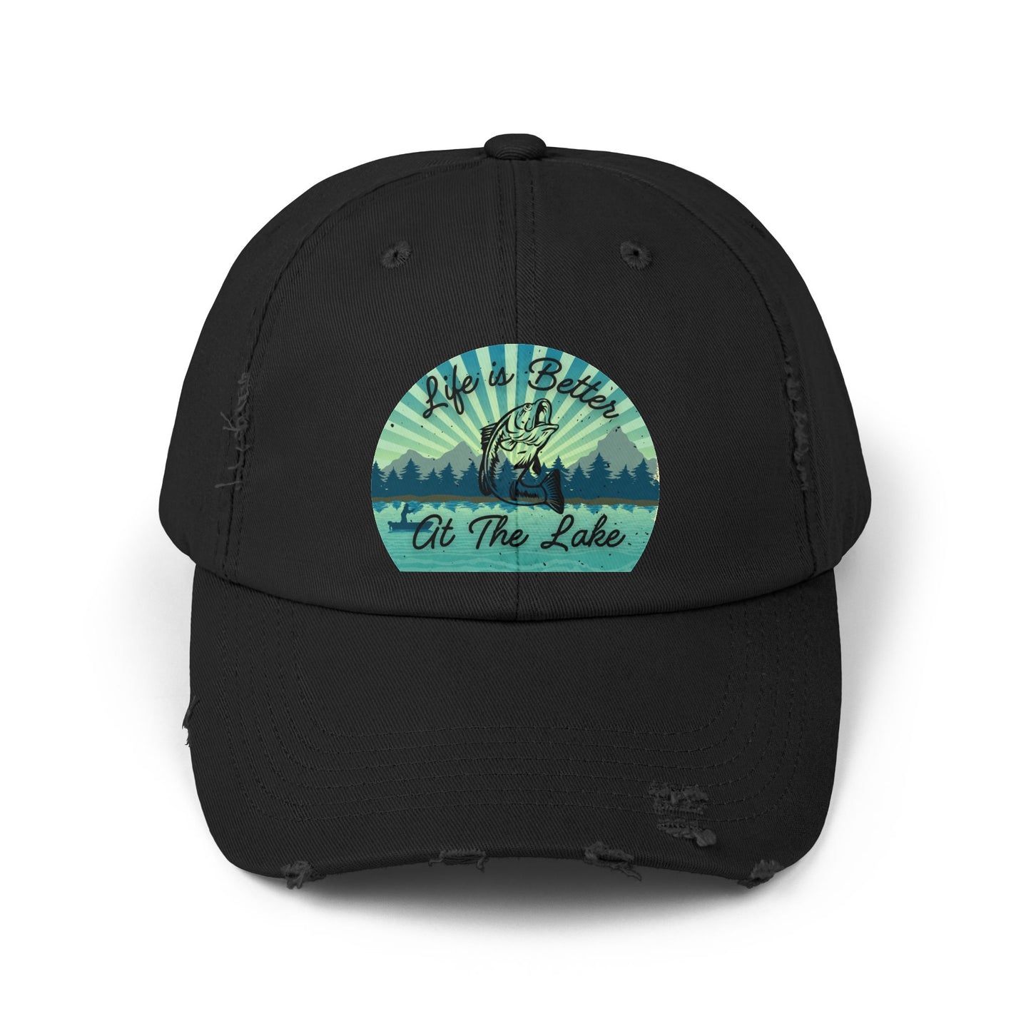 "Life is Better at  the Lake" Bass Fish Design Unisex Distressed Cap