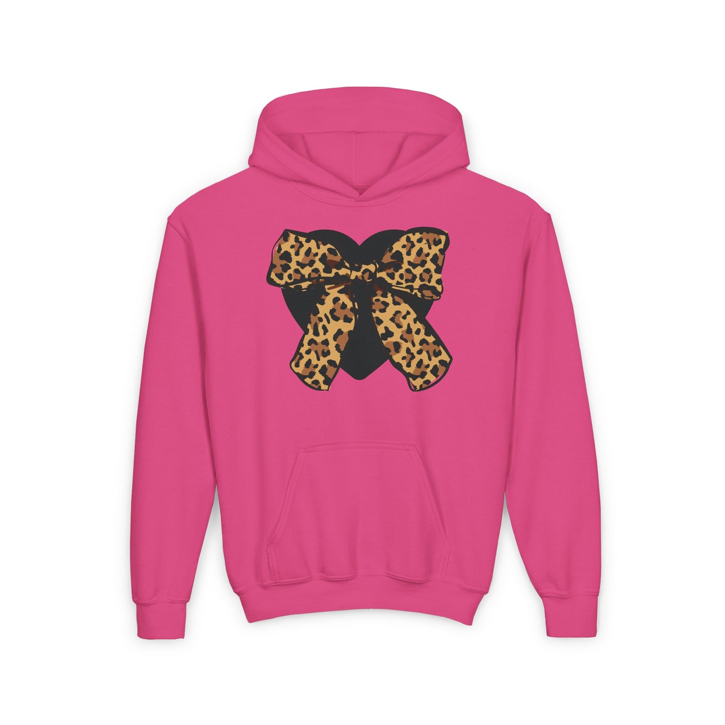 Heart & Leopard Print Bow Youth Heavy Blend Hooded Sweatshirt