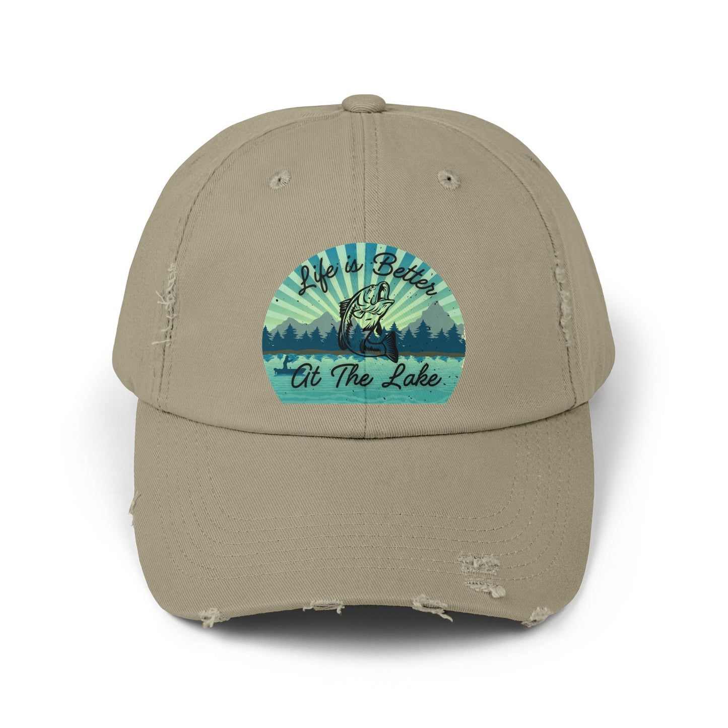 "Life is Better at  the Lake" Bass Fish Design Unisex Distressed Cap