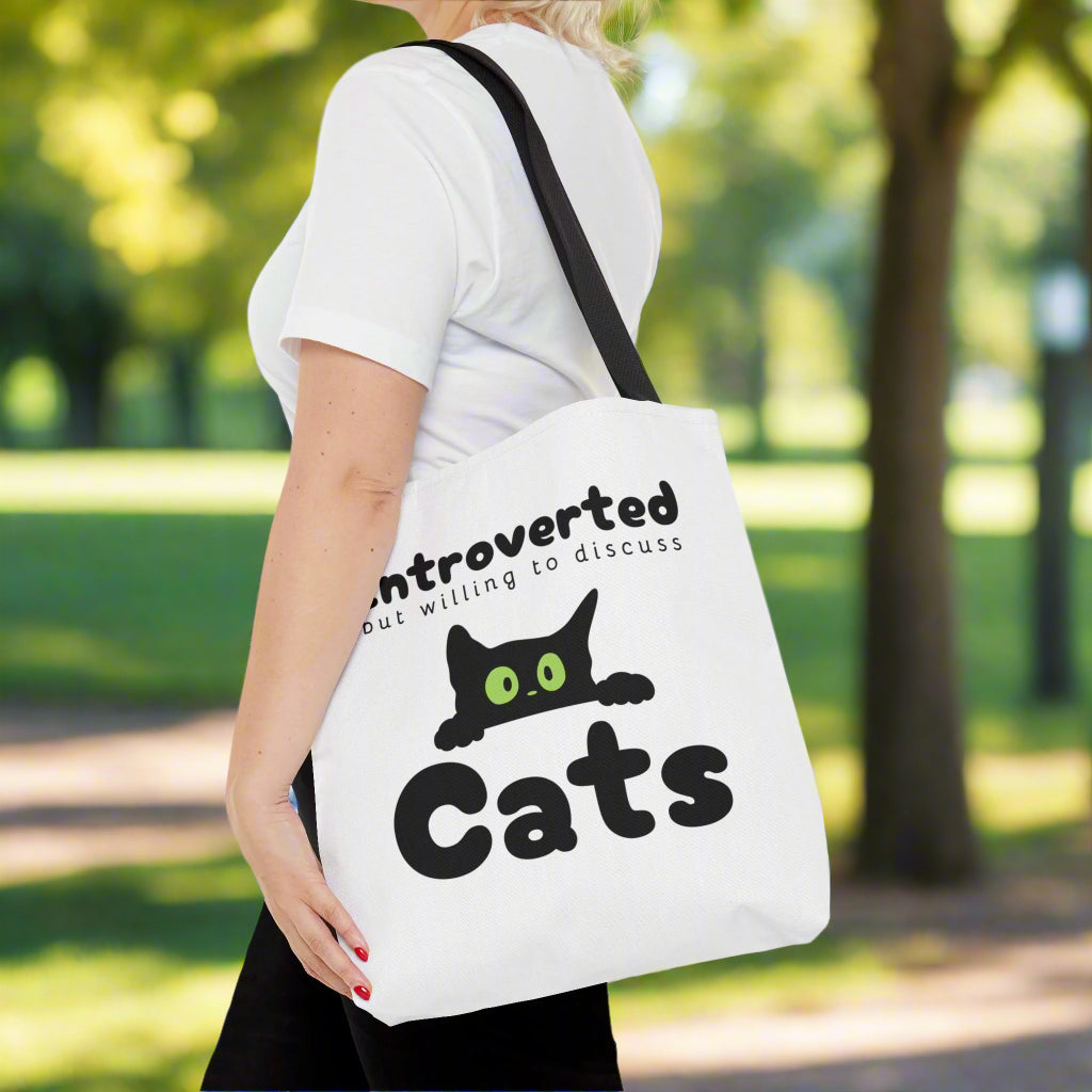 "Introverted but Willing to Discuss Cats" Tote Bag (AOP)