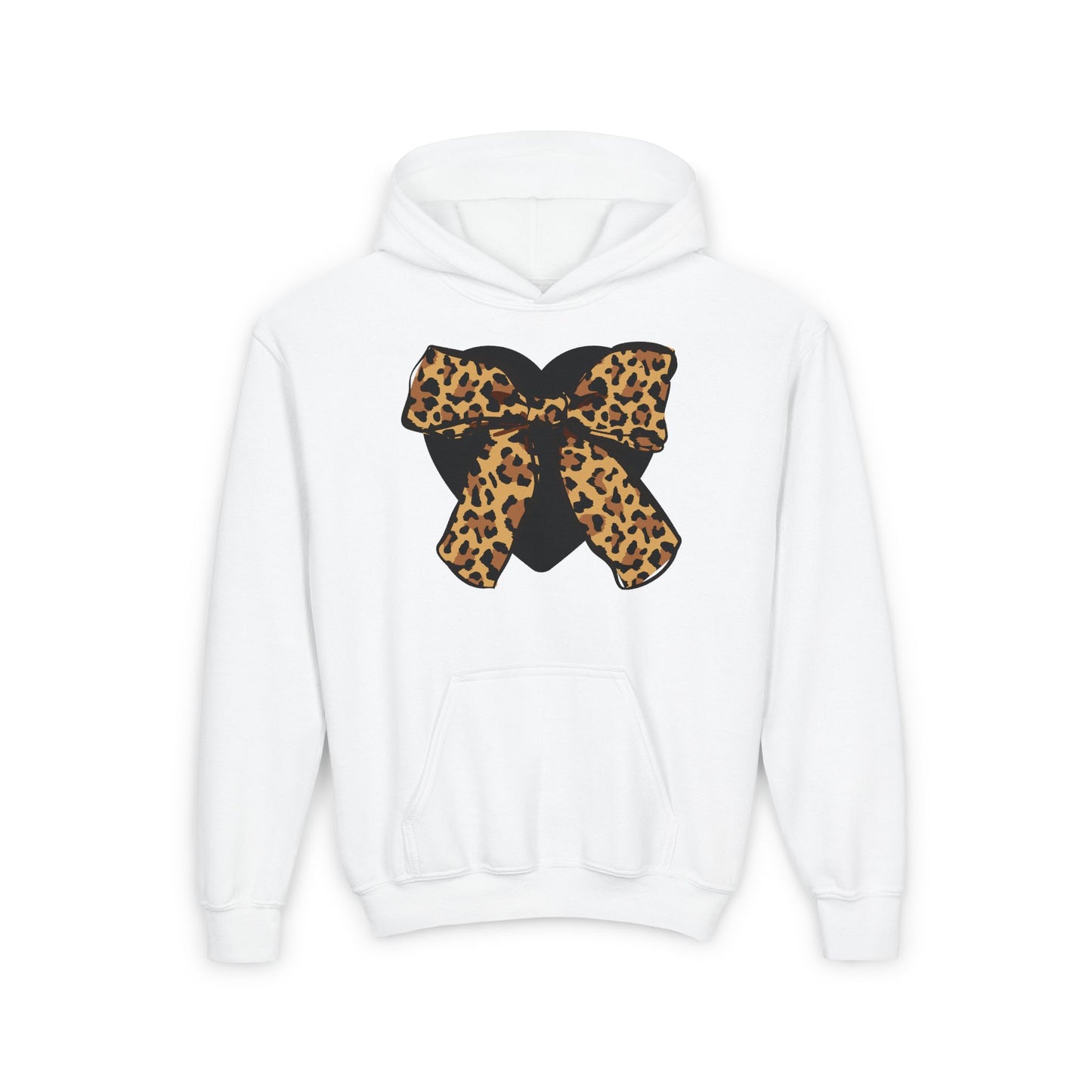 Heart & Leopard Print Bow Youth Heavy Blend Hooded Sweatshirt