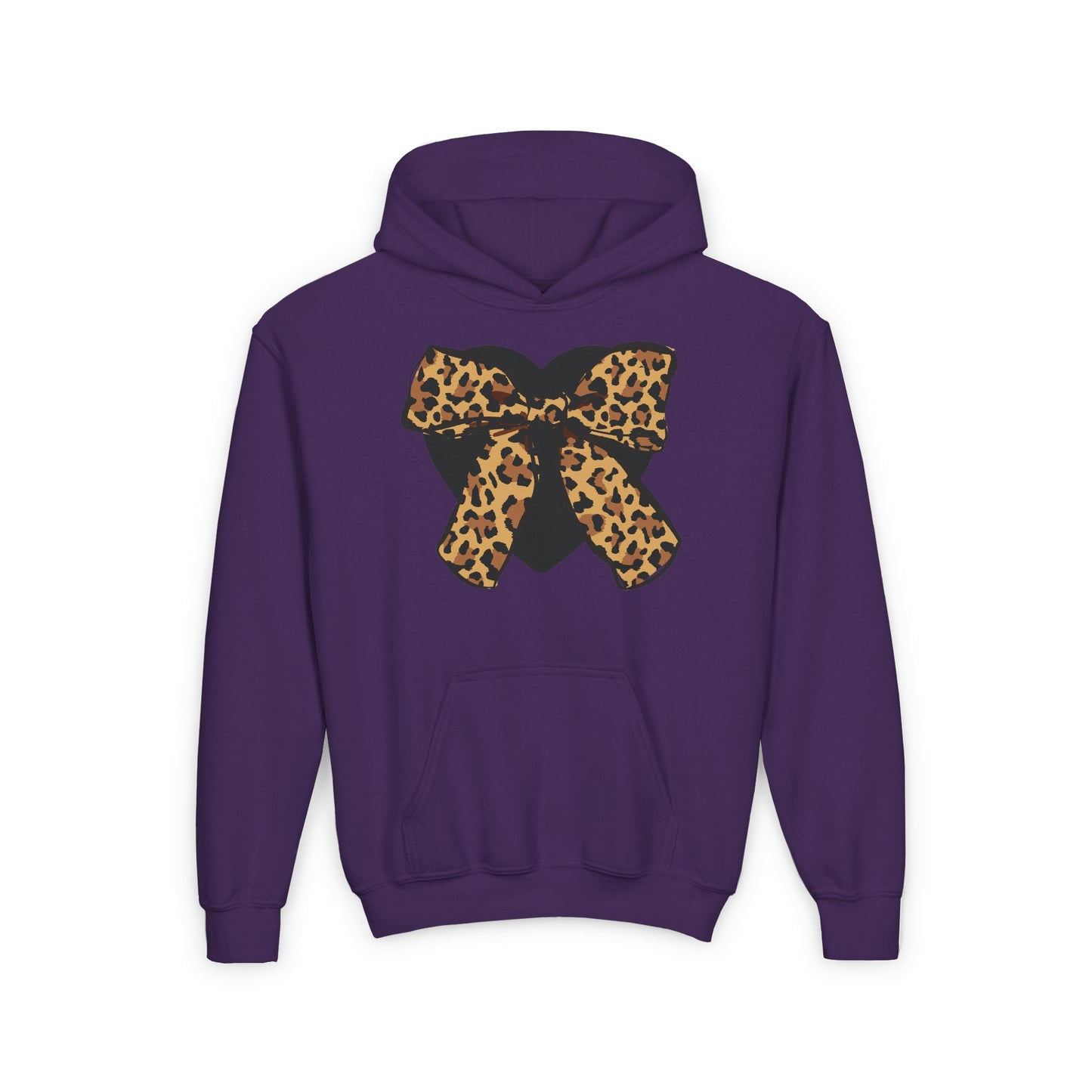 Heart & Leopard Print Bow Youth Heavy Blend Hooded Sweatshirt