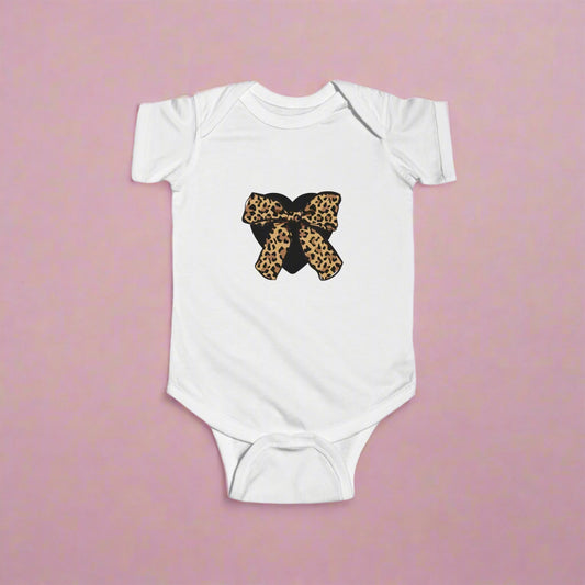 Heart Leopard Print Bow Infant Fine Jersey Bodysuit