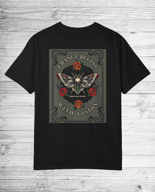 Metamorphosis Tee, Soft Cotton T-Shirt with Caterpillar/Moth Design, Casual Wear. Be Inspired