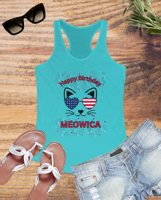 Happy Birthday Meowica Racerback Tank, Cat Lover Gift, Birthday Celebration Apparel, Cute Summer Top, Comfy Cat Shirt