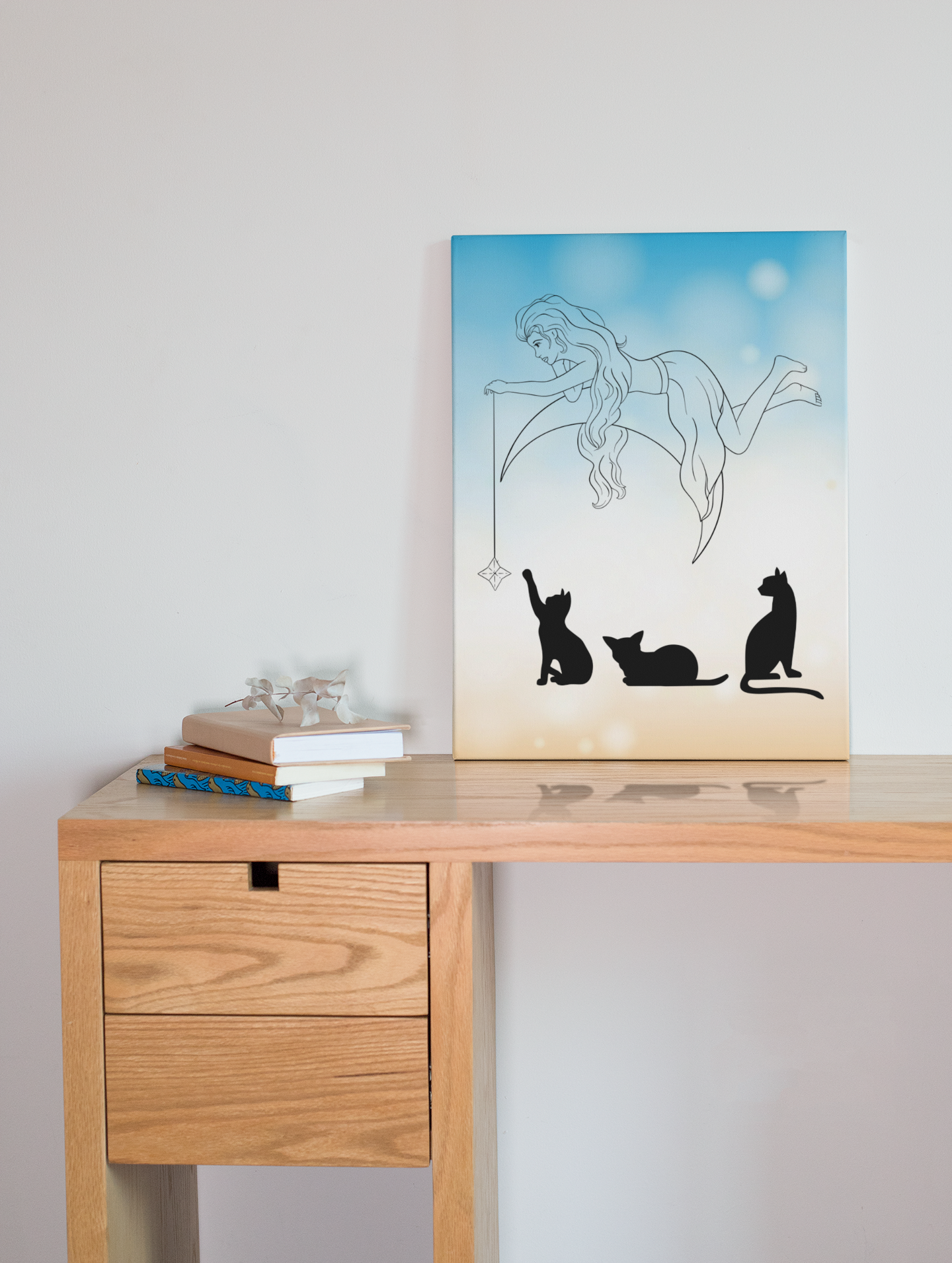 Cat-Themed Wall Art Canvas - Enchanting Fairy & Silhouetted Cats Decor